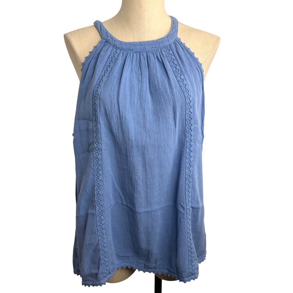 Blanco by Nature Blue 100% Cotton‎ High Neck Tank Top Crochet Trim XL Coastal